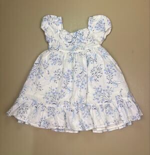 Shabby Chic Girls 3T Blue Floral Swiss Dot Puff Sleeve Bow Dress EUC